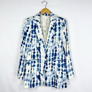 House of Harlowe Women's Ikat Tie Dye Oversized Blazer Medium Blue White